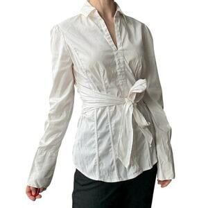 White House Black Market White Long Sleeve Tie Front Blouse vintage y2k